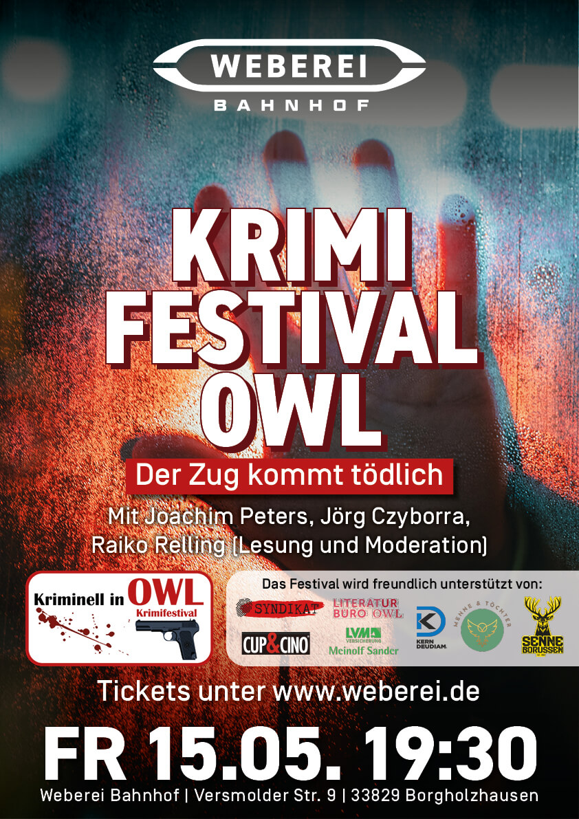 Plakat zum Krimifestival OWL im Bahnhof Borgholzhausen