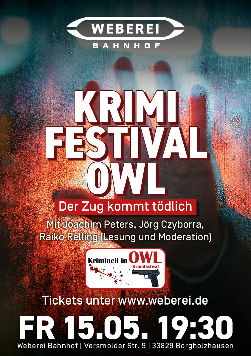 Plakat zum Krimifestival OWL im Bahnhof Borgholzhausen
