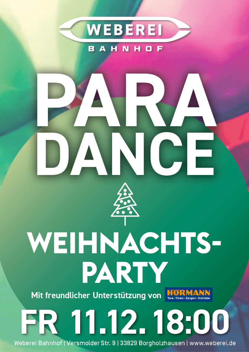 Plakat zur Paradance Weihnachtsparty im Dezember 2026 im Weberei Bahnhof.
