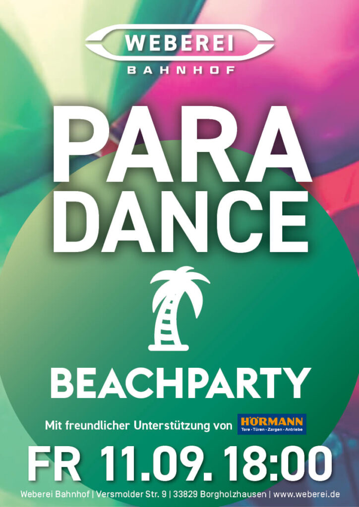 Plakat zur Paradance Beachparty im September 2026 im Weberei Bahnhof.